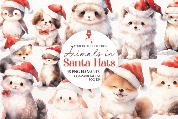 Animals in Santa Hats Clipart for Festive Design