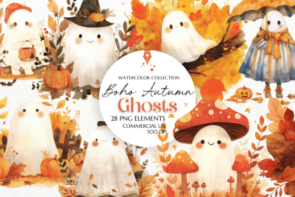 Boho Autumn Ghosts Clipart Sublimation