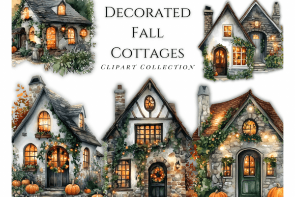 Fall Cottage Homes Clipart Set: Bringing Autumn Charm to Your Creative Projects