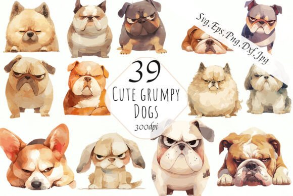 Funny Grumpy Dogs Clipart: PNG & SVG