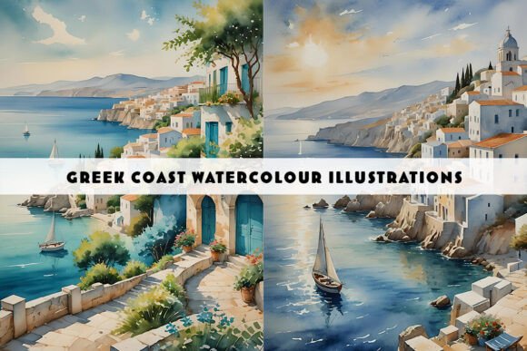 Greek Coast Watercolour Illustration Duo