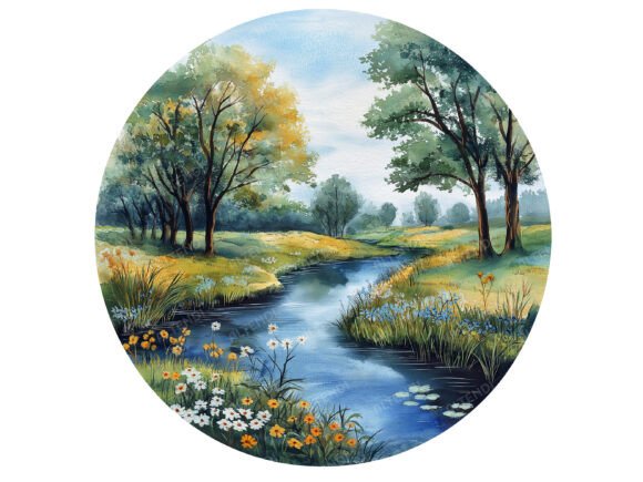 Round Watercolor Spring Landscape Guide