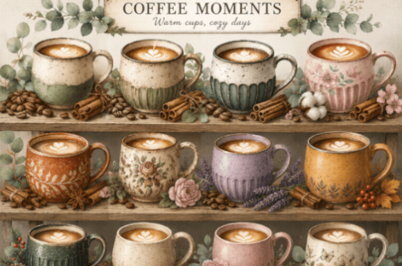 Rustic Coffee Cup and Botanical Elements