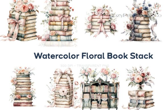 Watercolor Floral Book Stack Clipart PNG