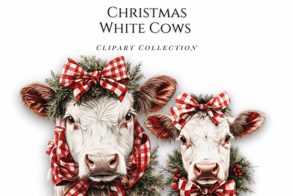 White Highland Holiday Cows: Festive Clipart